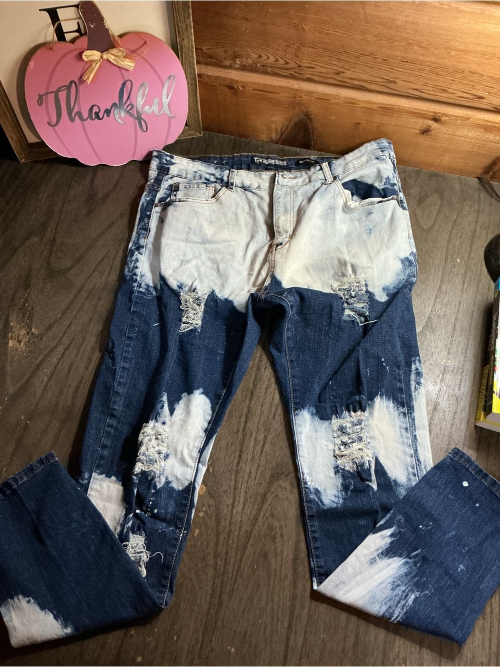 Men's Skinny Bleached Distressed Jeans - Blue & White